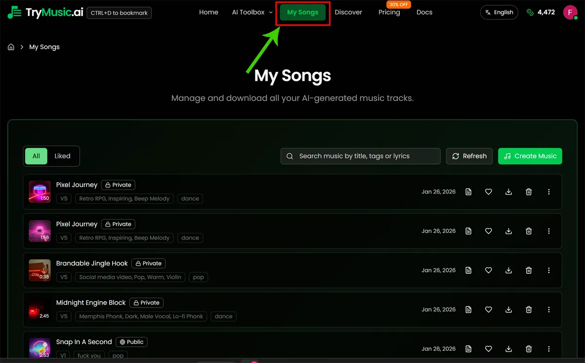 My Songs management page showing a list of generated music tracks with action buttons