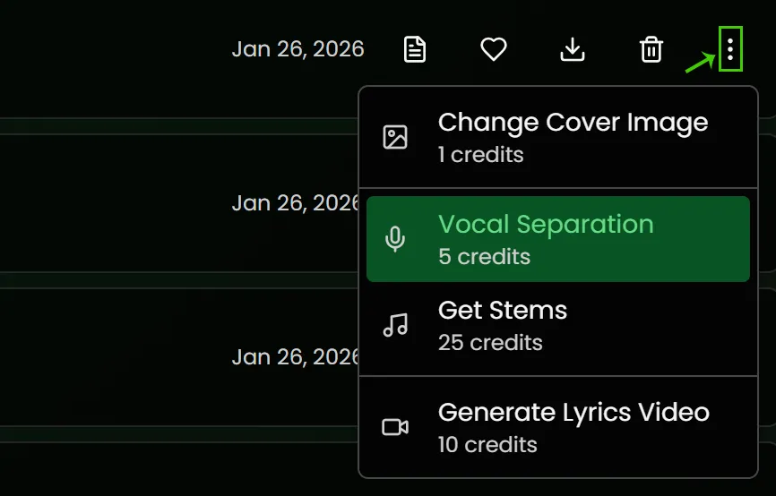 Three dots menu showing advanced music operations including cover generation, vocal separation, stem extraction, and music video generation